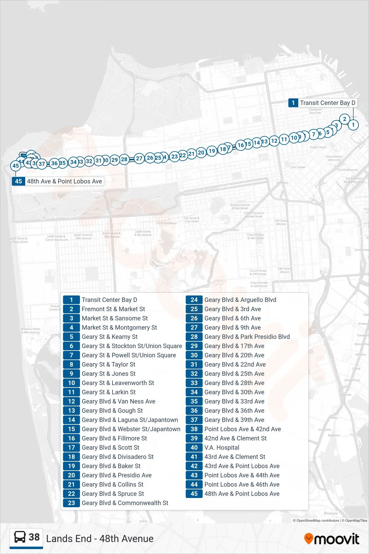 38 bus Line (Lands End - 48th Avenue) route and stops on a map