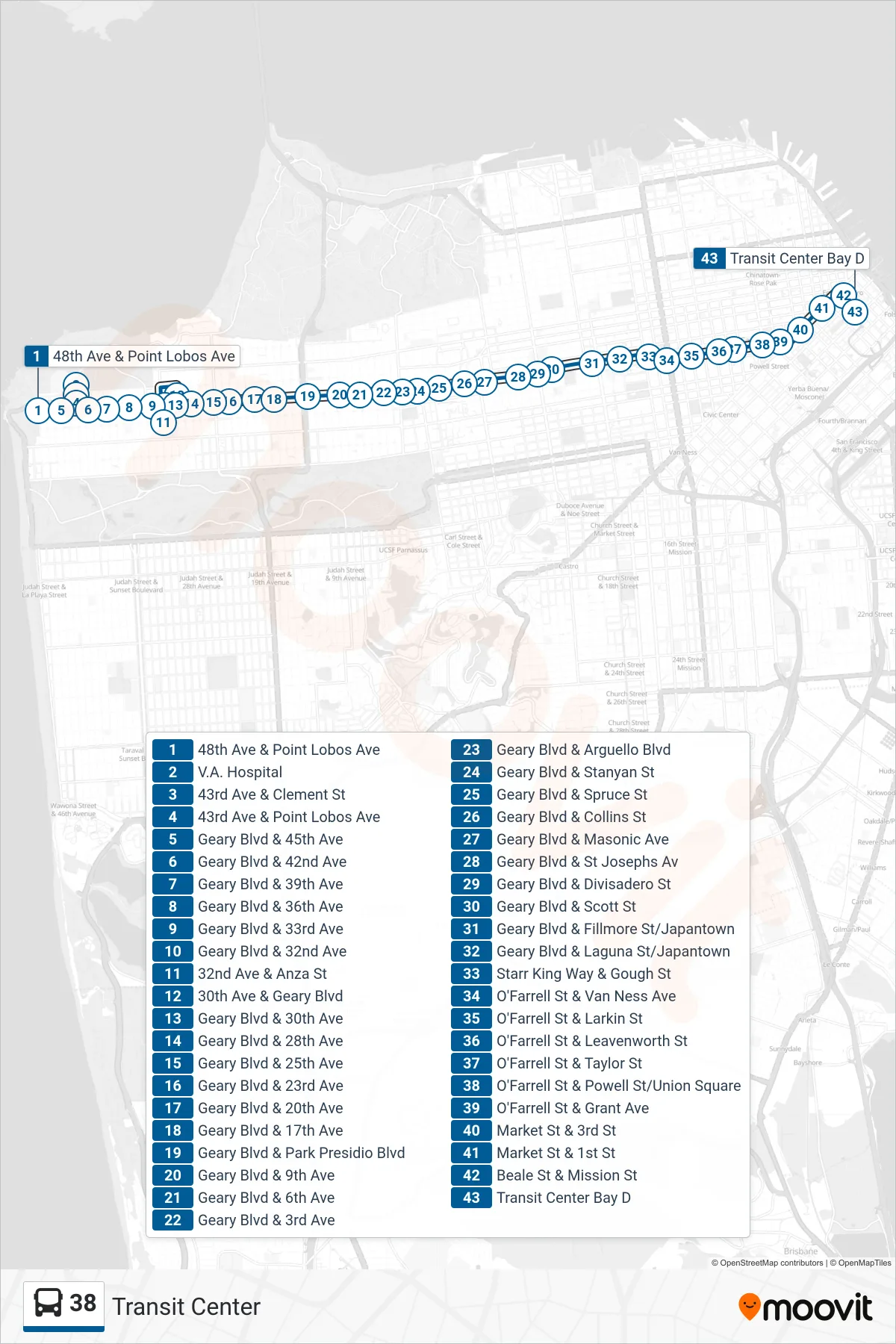 38 bus Line (Transit Center) route and stops on a map