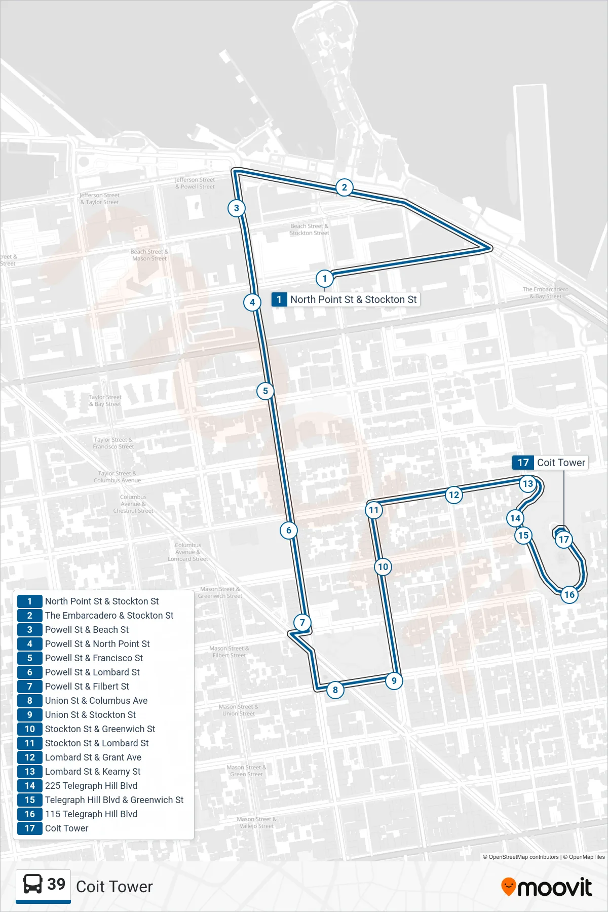 39 bus Line (Coit Tower) route and stops on a map