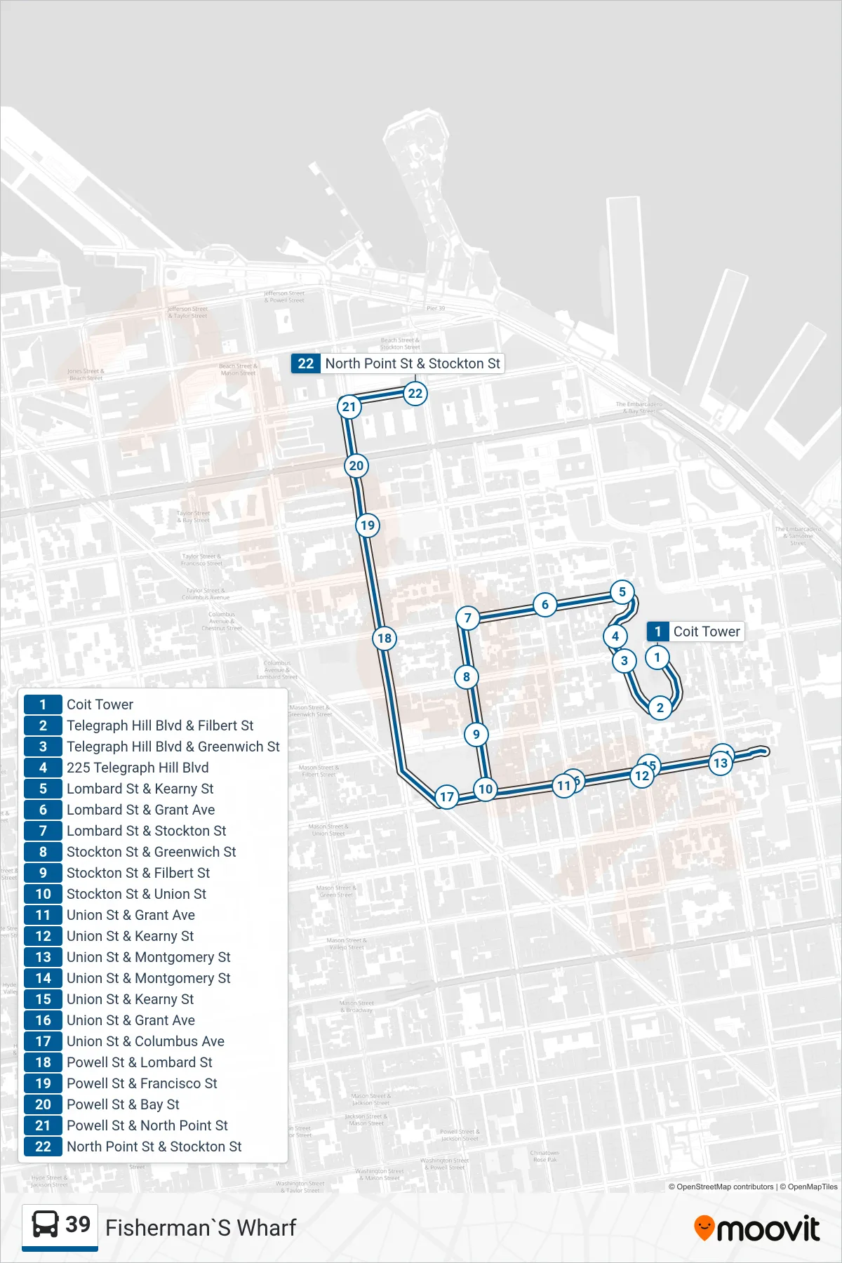 39 bus Line (Fisherman`S Wharf) route and stops on a map