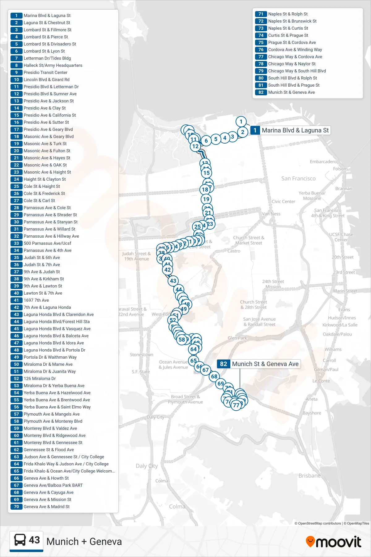 43 bus Line (Munich + Geneva) route and stops on a map
