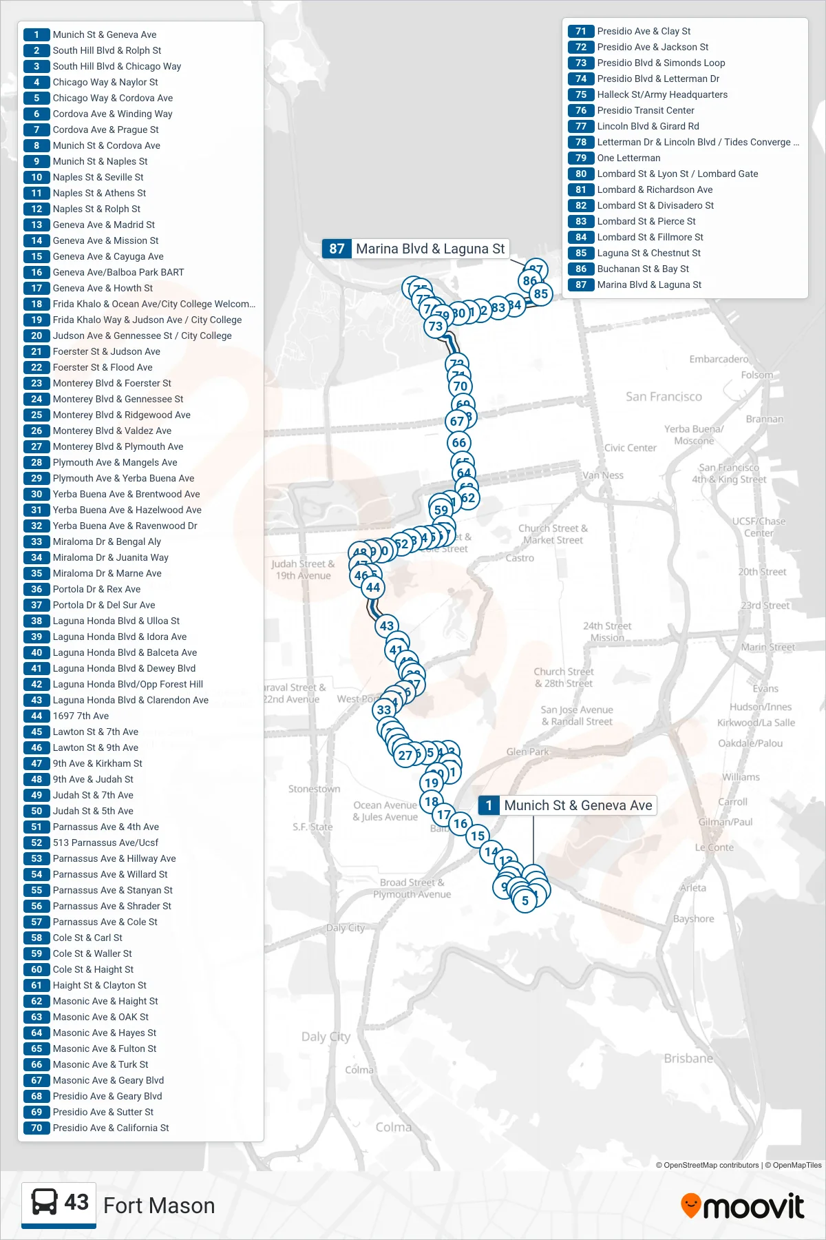 43 bus Line (Fort Mason) route and stops on a map