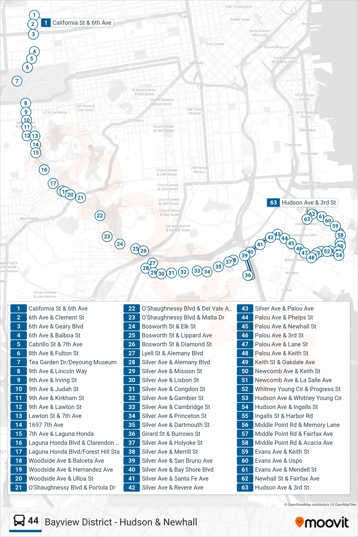 44 bus Line (Bayview District - Hudson & Newhall) route and stops on a map