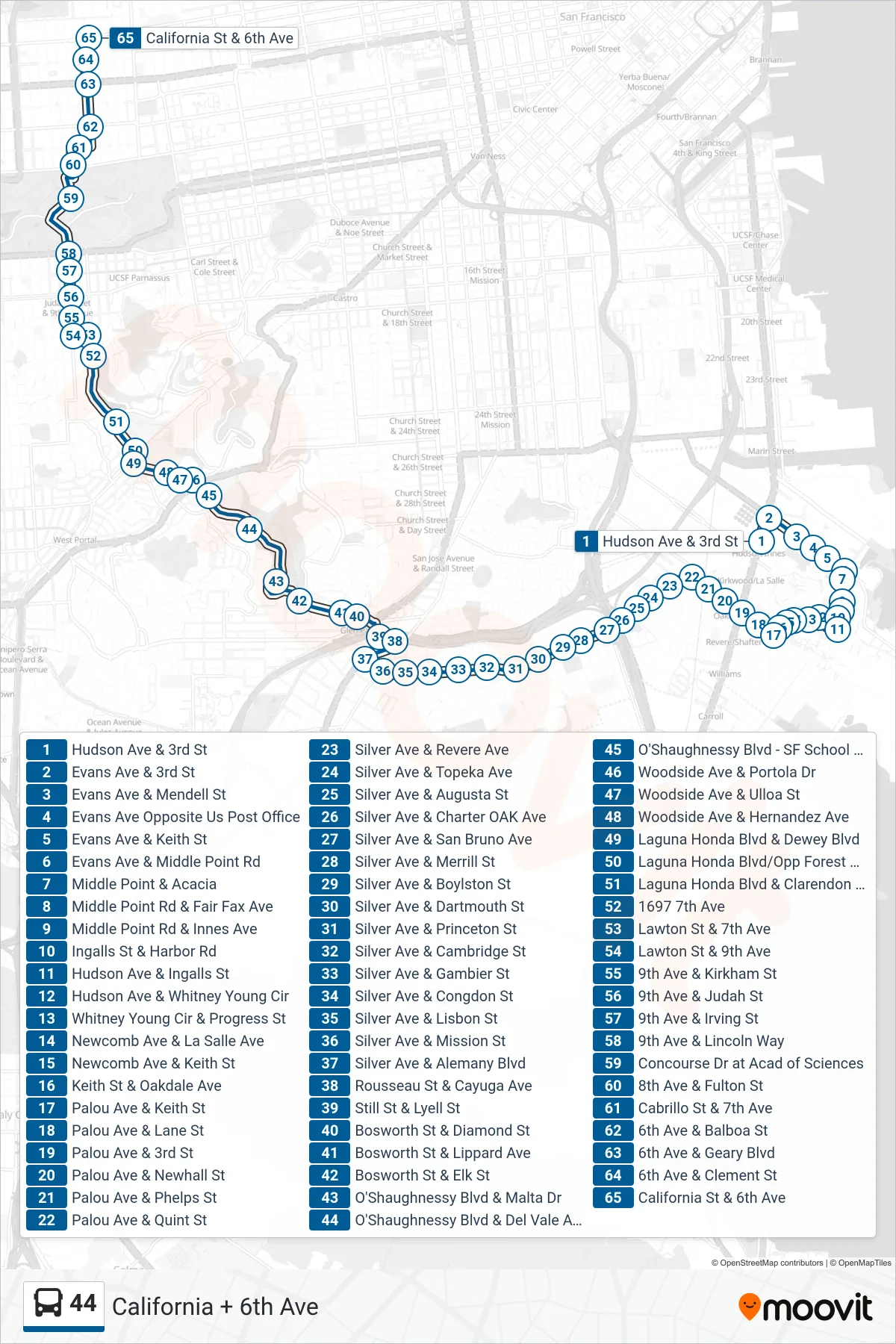 44 bus Line (California + 6th Ave) route and stops on a map