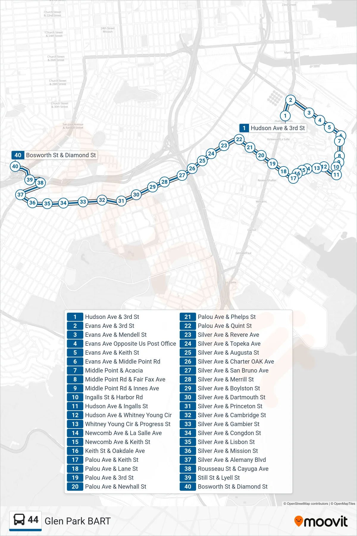 44 bus Line (Glen Park BART) route and stops on a map