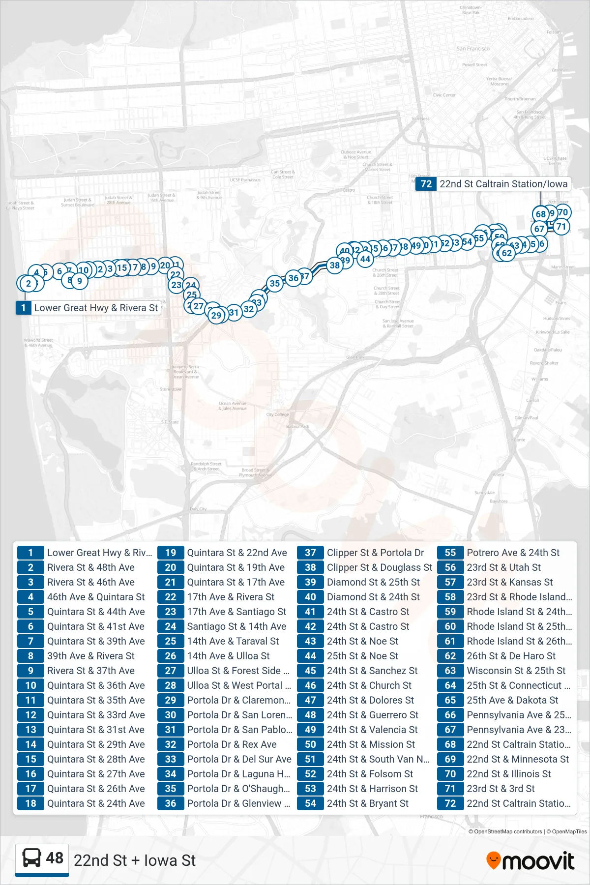 48 bus Line (22nd St + Iowa St) route and stops on a map