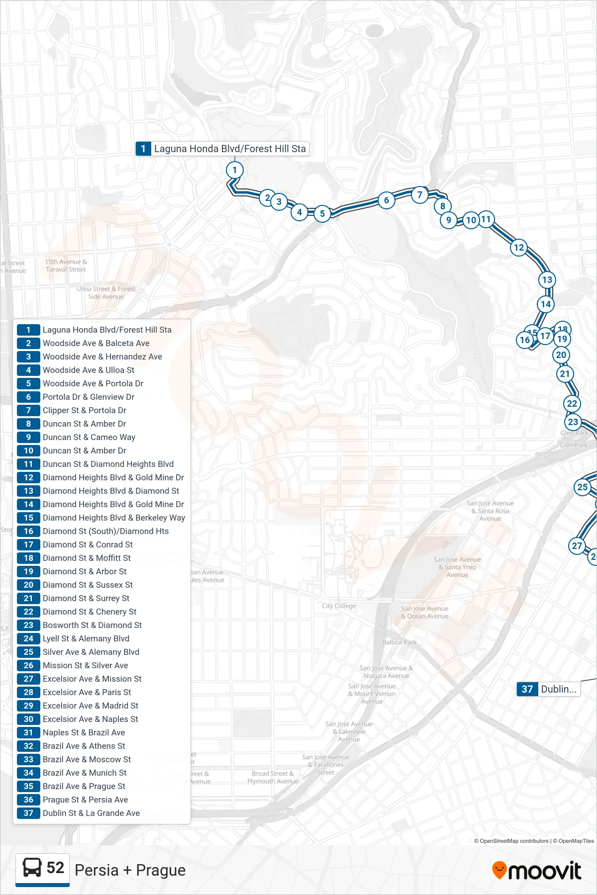 52 bus Line (Persia + Prague) route and stops on a map