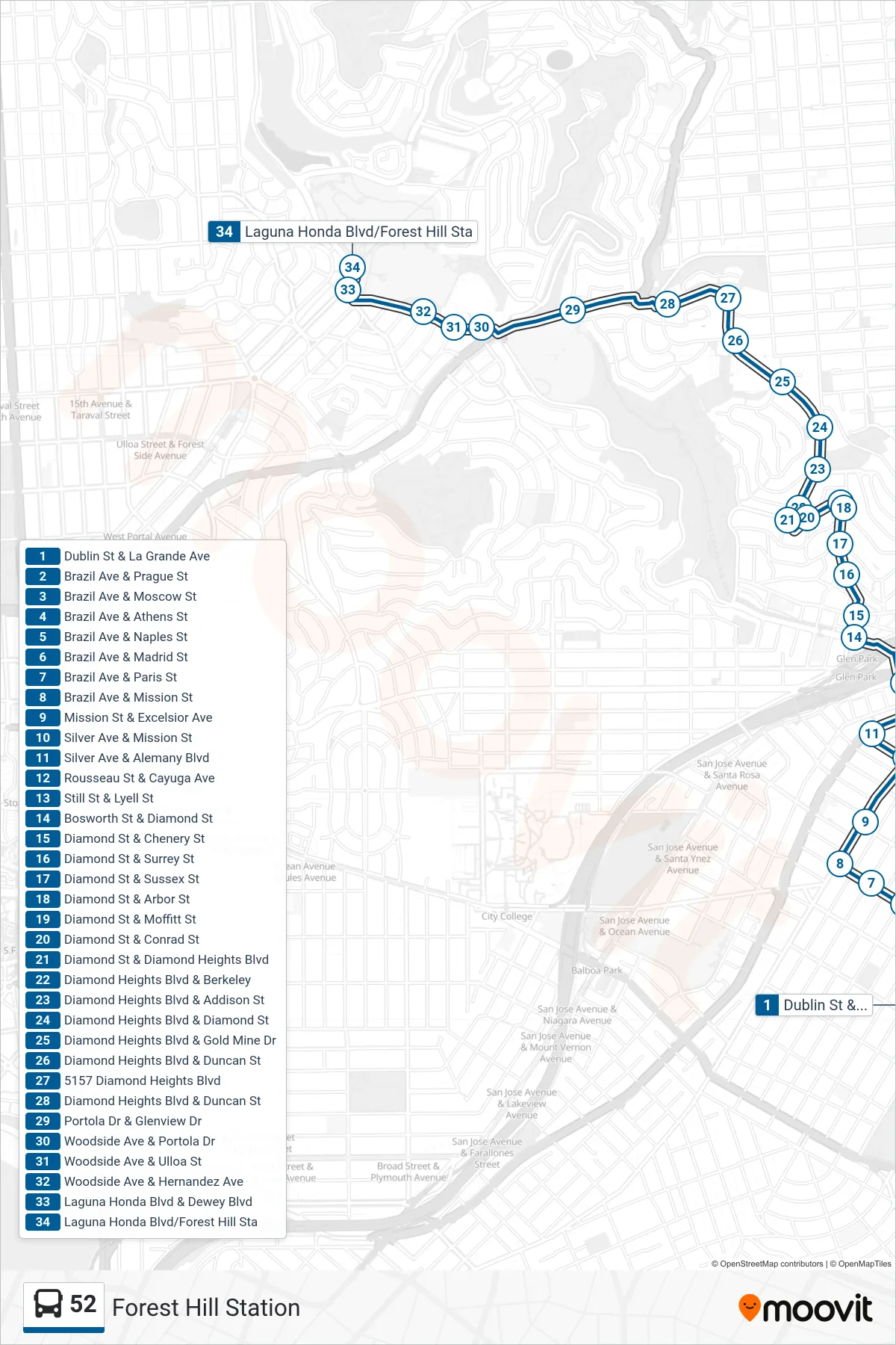 52 bus Line (Forest Hill Station) route and stops on a map
