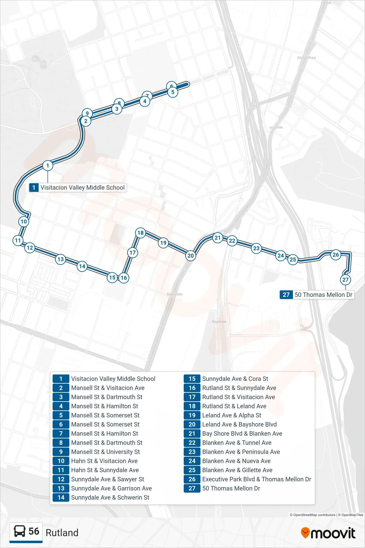 56 bus Line (Executive Park) route and stops on a map