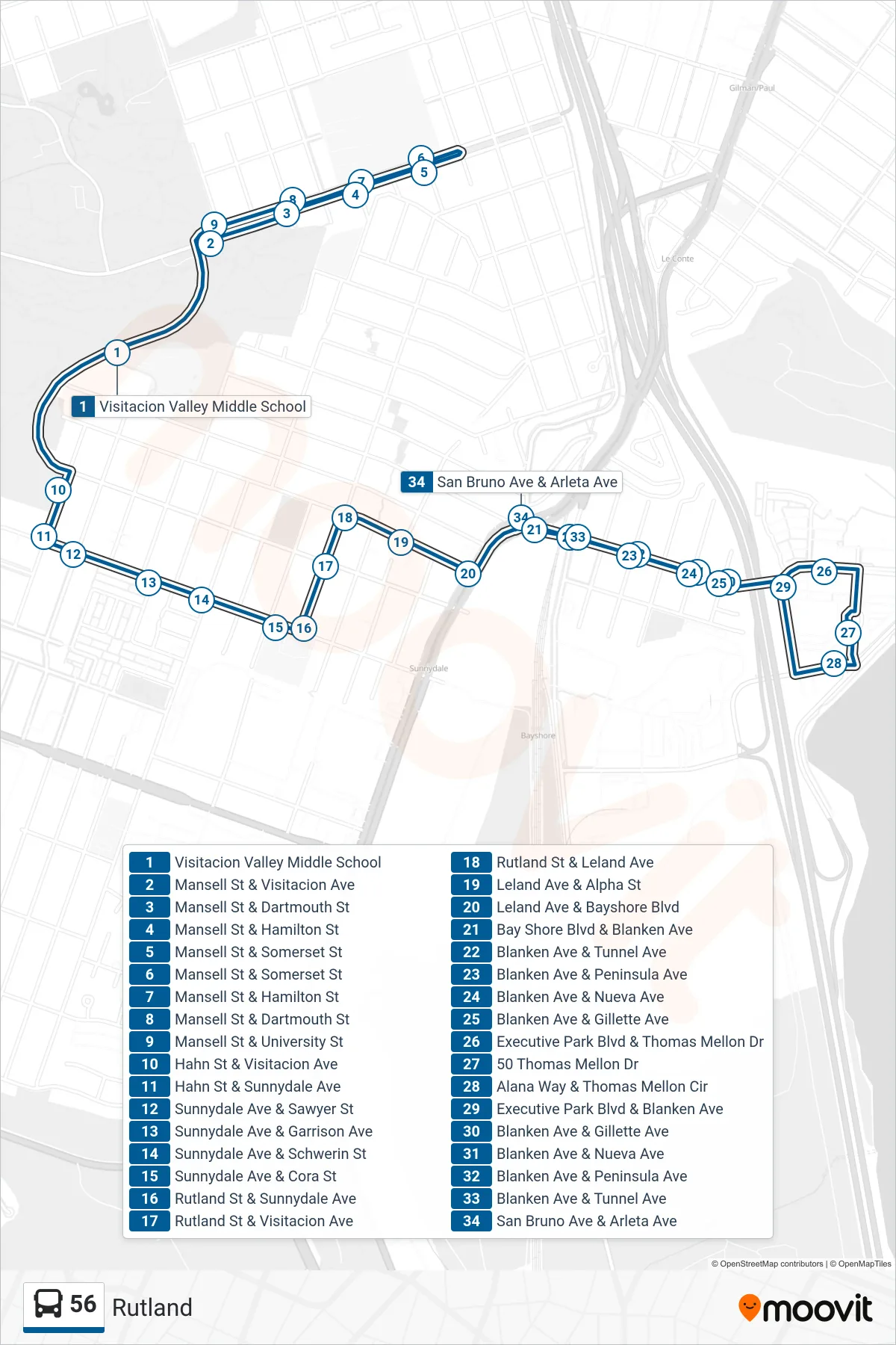 56 bus Line (Arleta + Bayshore) route and stops on a map