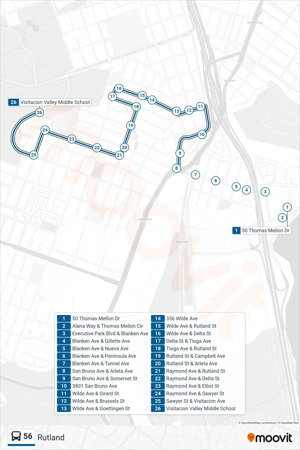 56 bus Line (Visitacion Valley Middle School) route and stops on a map