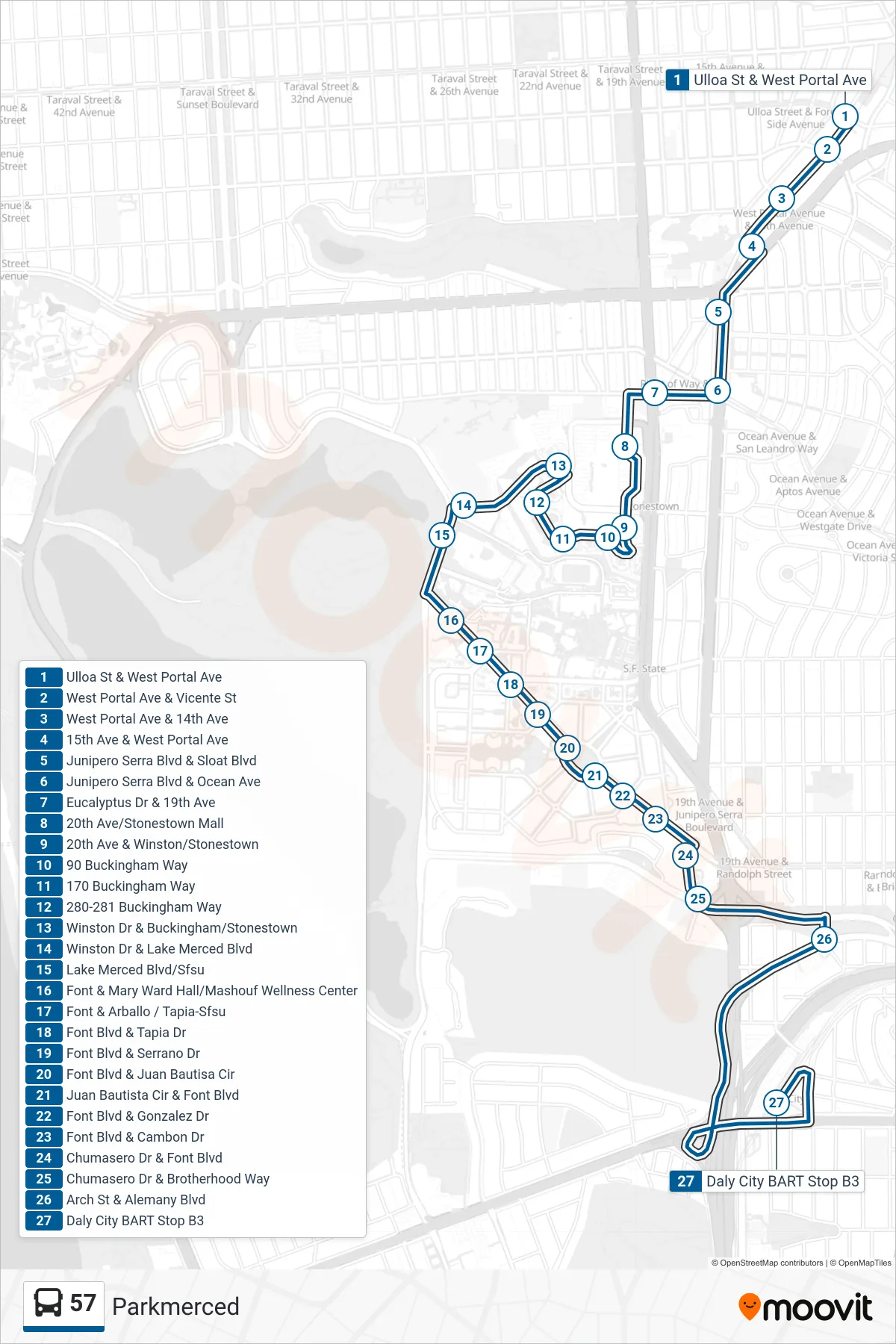57 bus Line (Daly City BART) route and stops on a map