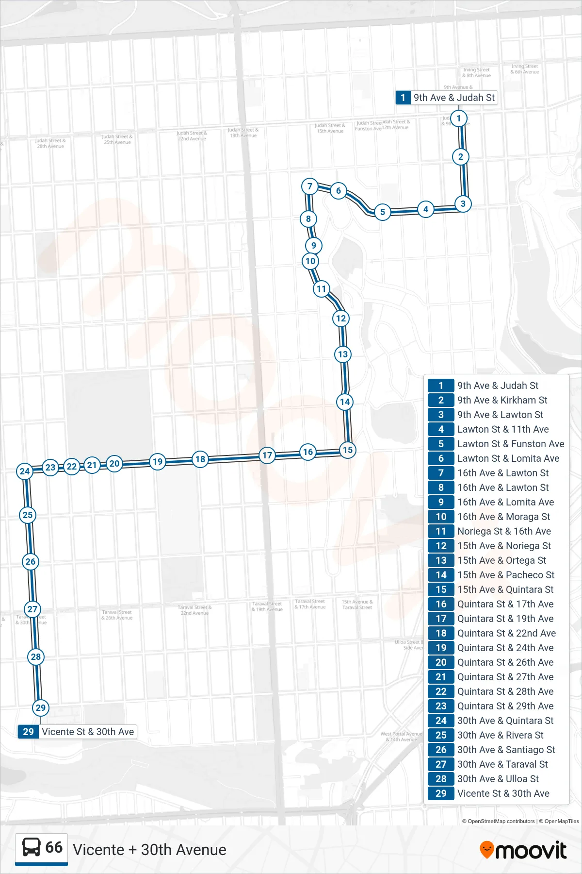 66 bus Line (Vicente + 30th Avenue) route and stops on a map