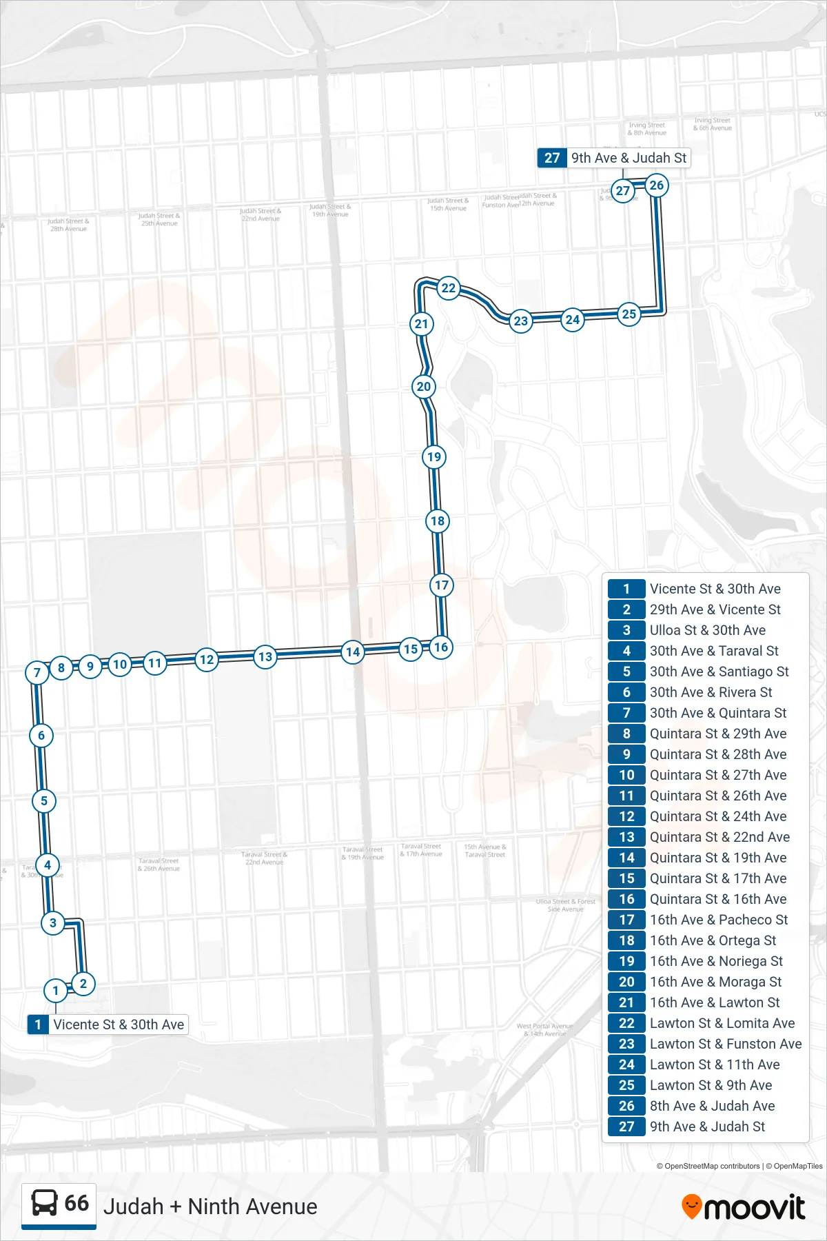66 bus Line (Judah + Ninth Avenue) route and stops on a map
