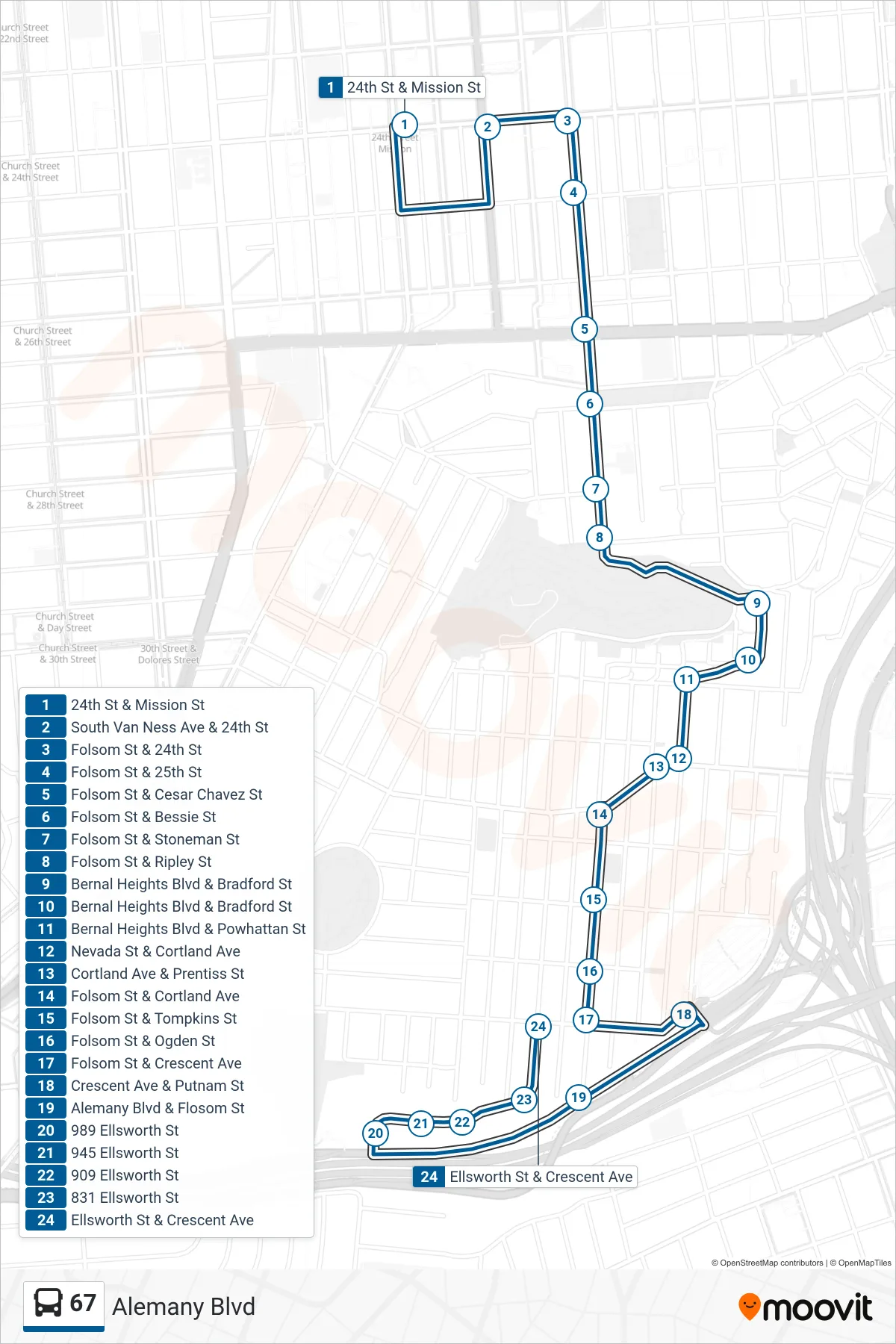 67 bus Line (Alemany Blvd) route and stops on a map