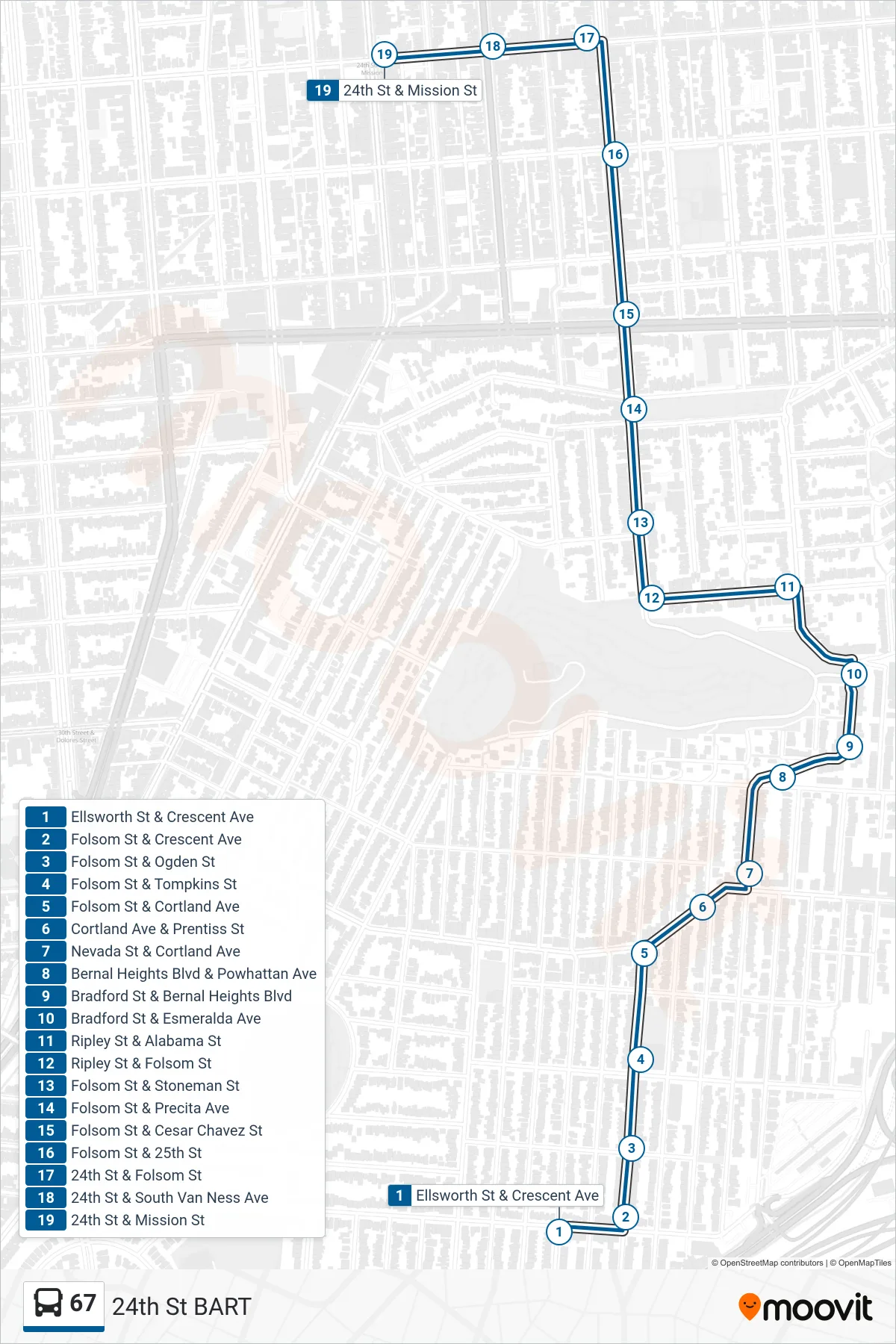 67 bus Line (24th St BART) route and stops on a map