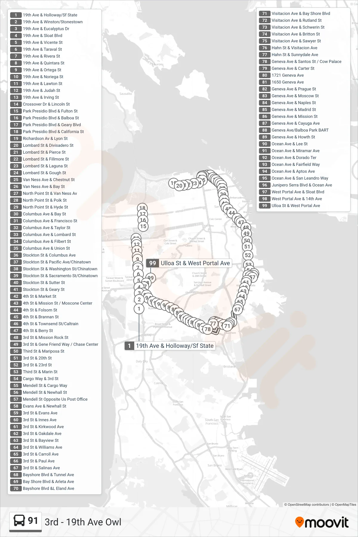 91 bus Line (West Portal Station) route and stops on a map