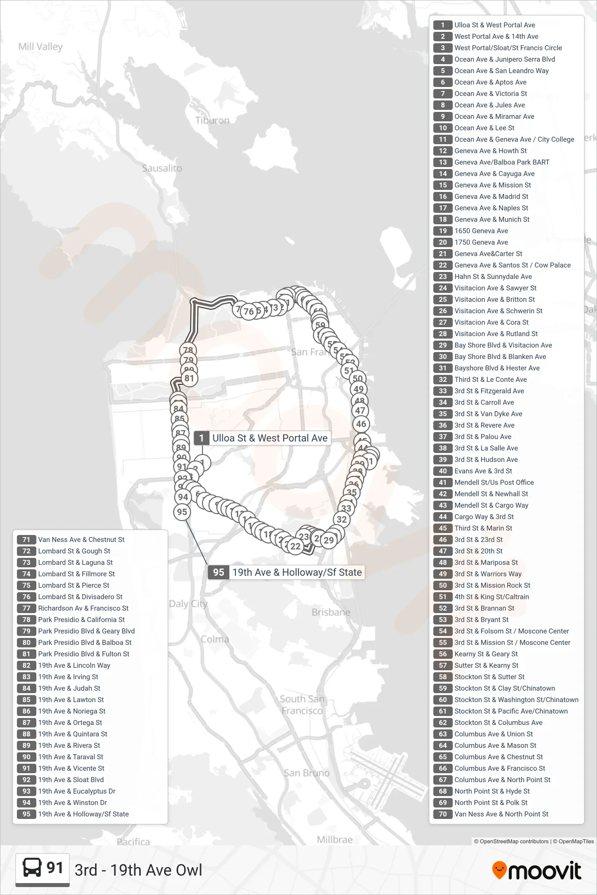 91 bus Line (S.F. State University) route and stops on a map