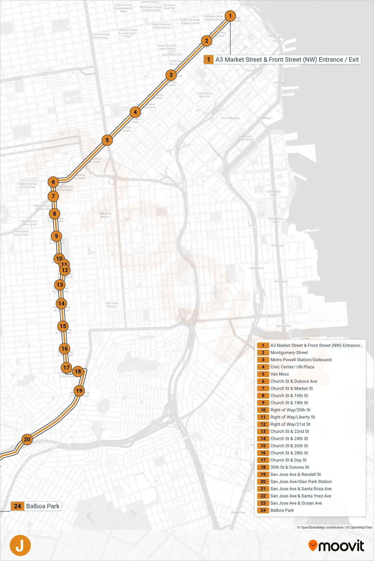 J light rail Line (Balboa Park) route and stops on a map