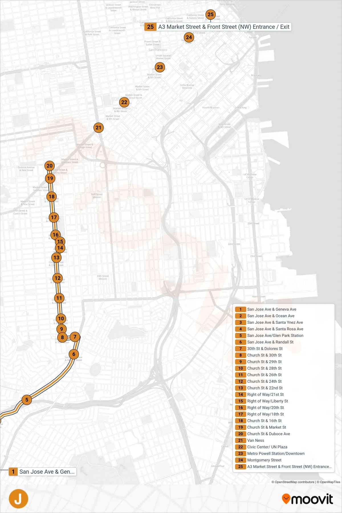 J light rail Line (Church & Duboce) route and stops on a map
