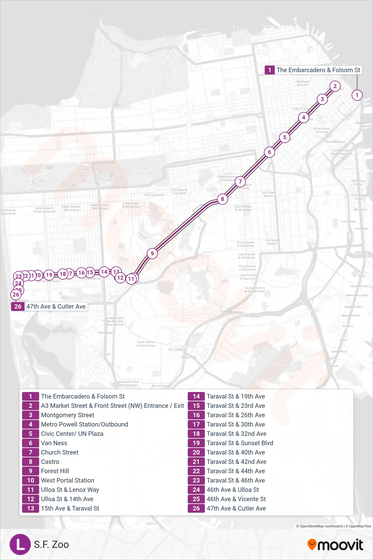 L tram Line (S.F. Zoo) route and stops on a map