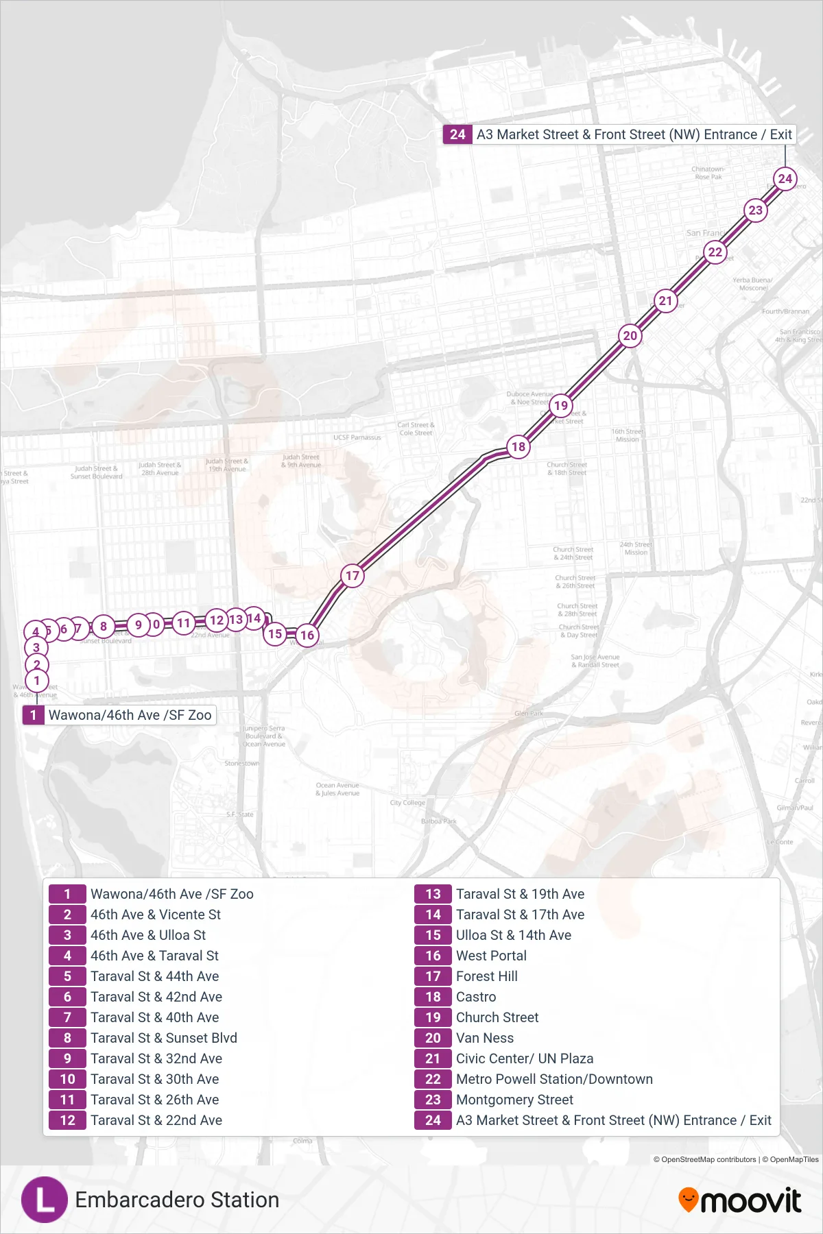 L light rail Line (Embarcadero Station) route and stops on a map