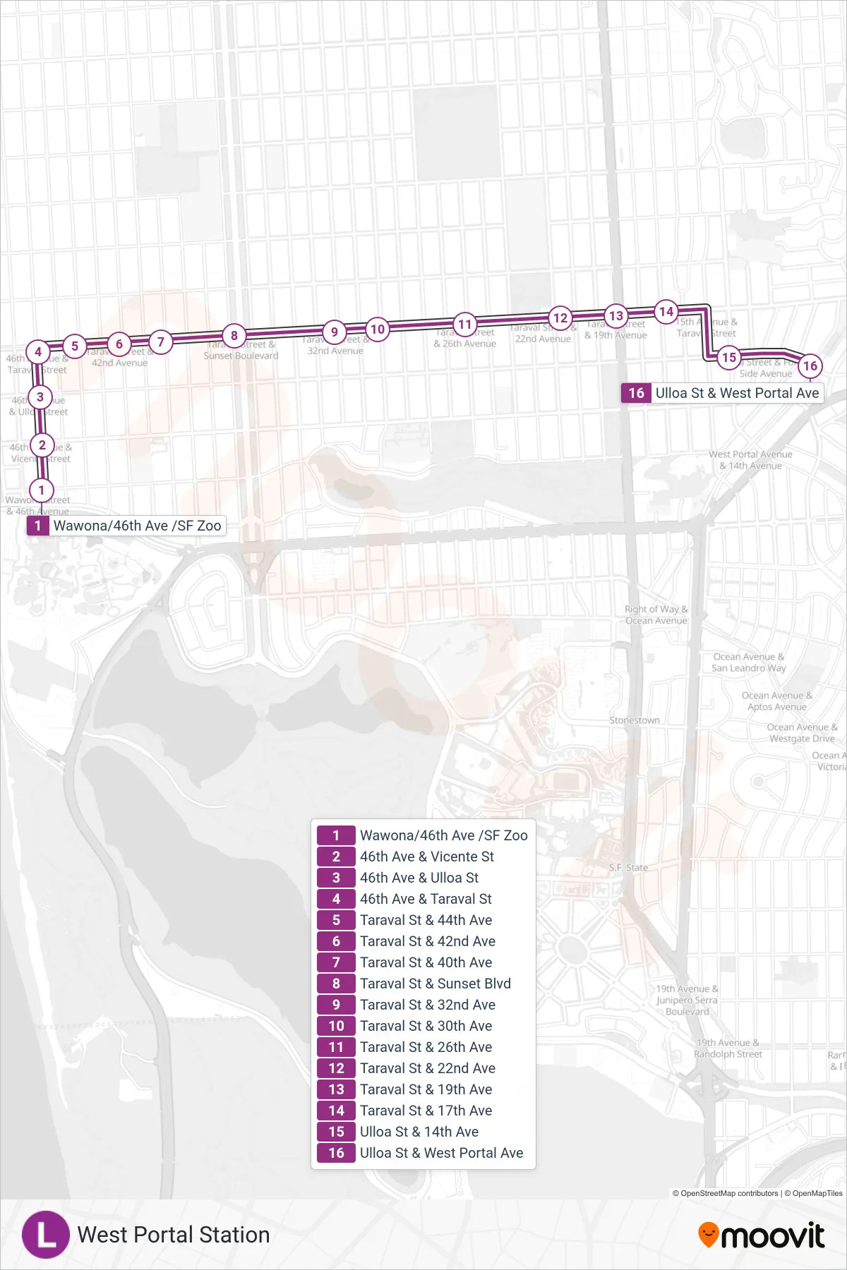 L tram Line (West Portal Station) route and stops on a map