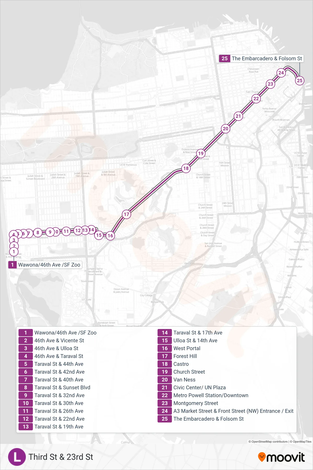 L light rail Line (Third St & 23rd St) route and stops on a map