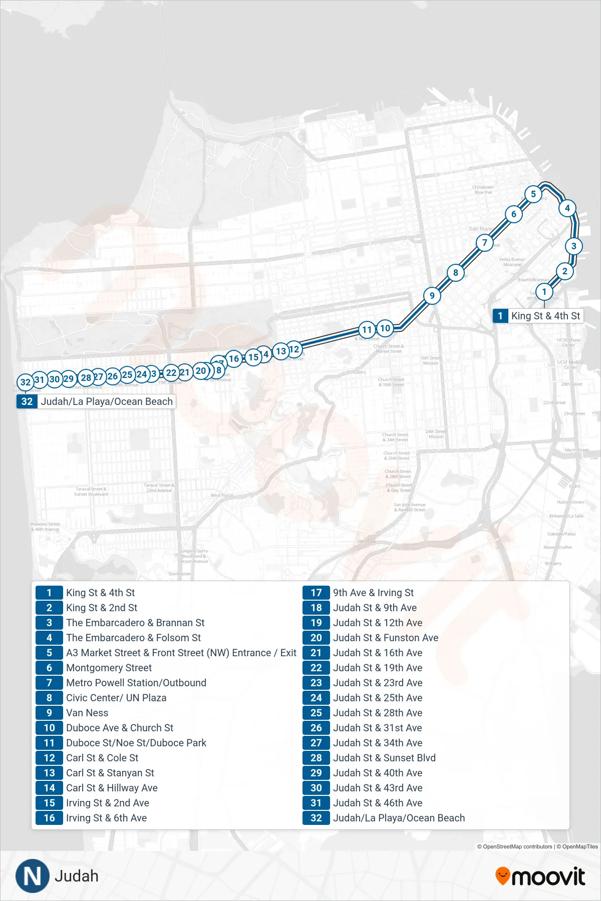 N light rail Line (Ocean Beach) route and stops on a map