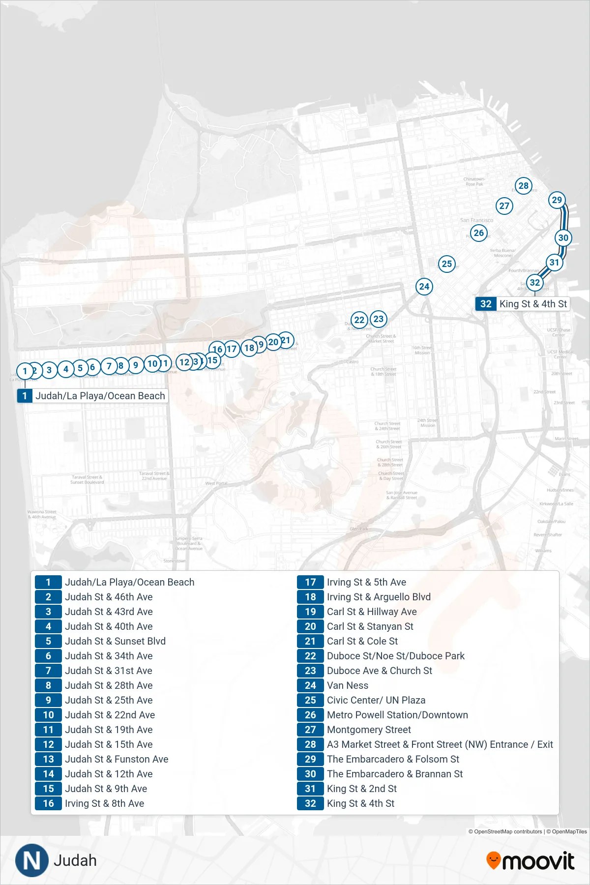 N light rail Line (Caltrain) route and stops on a map