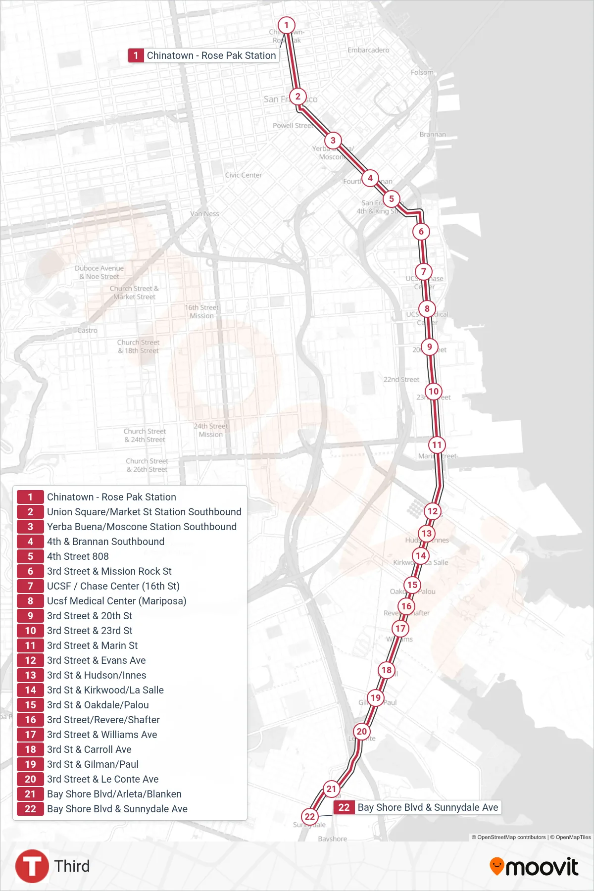 T light rail Line (Sunnydale) route and stops on a map