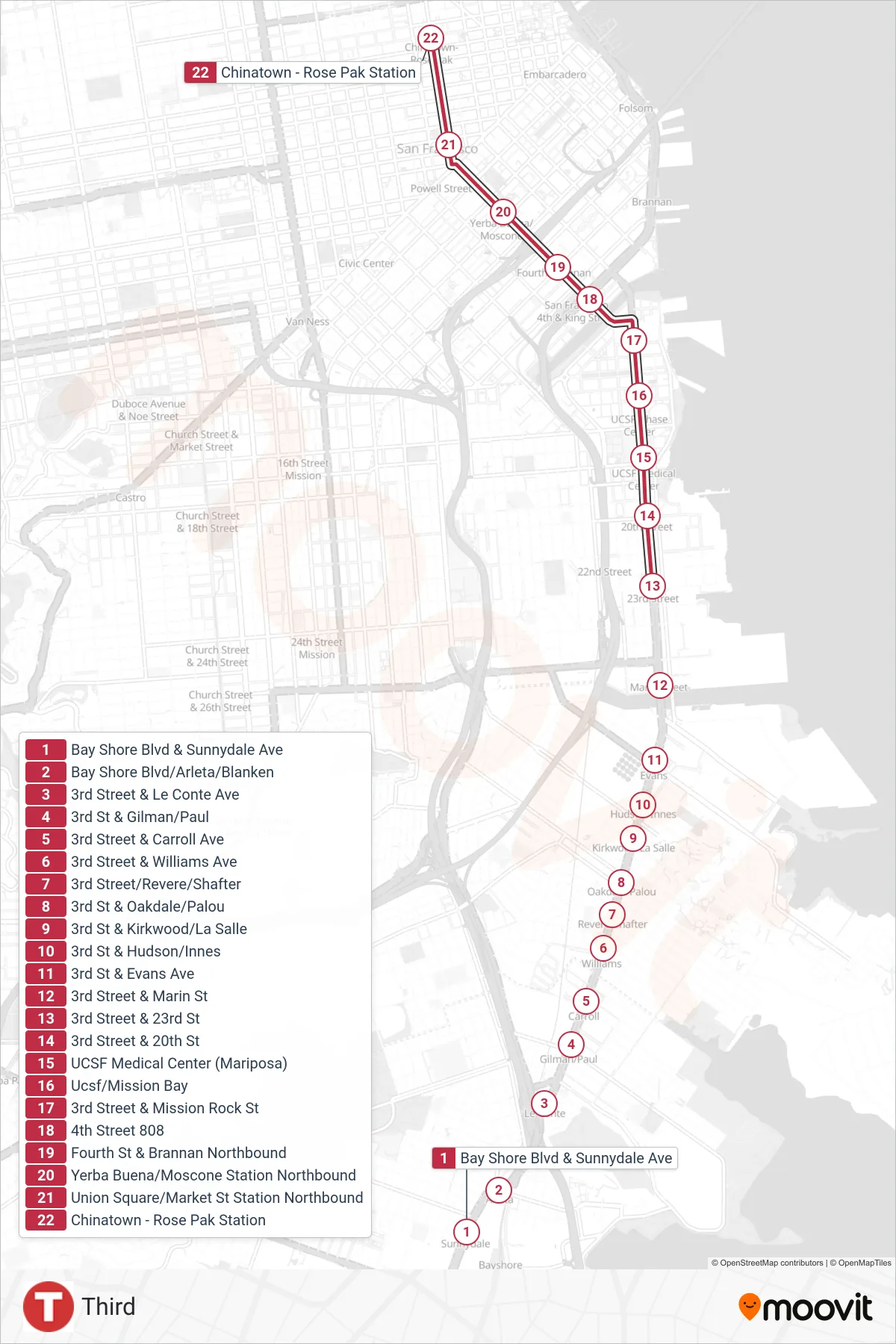 T tram Line (Chinatown) route and stops on a map