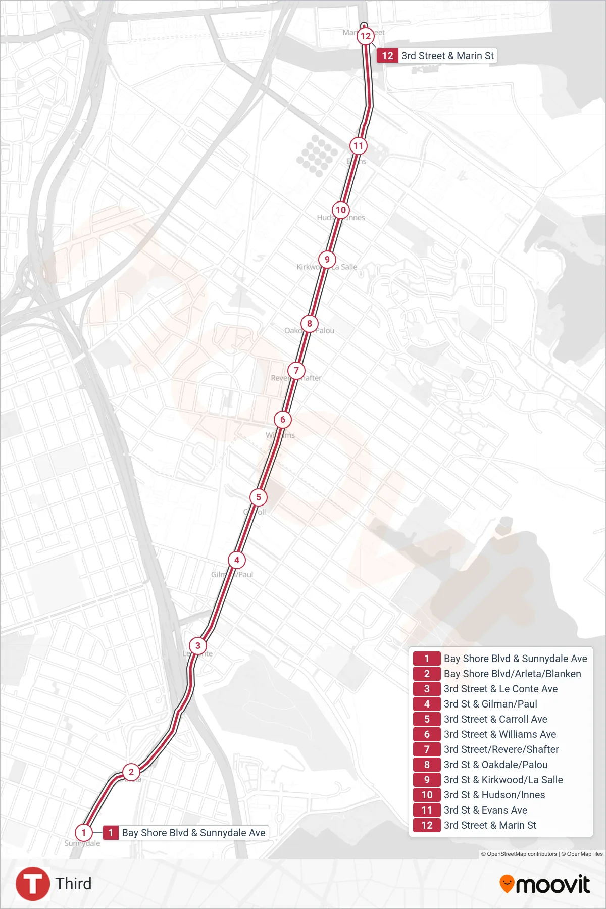 T light rail Line (Marin St + Third) route and stops on a map