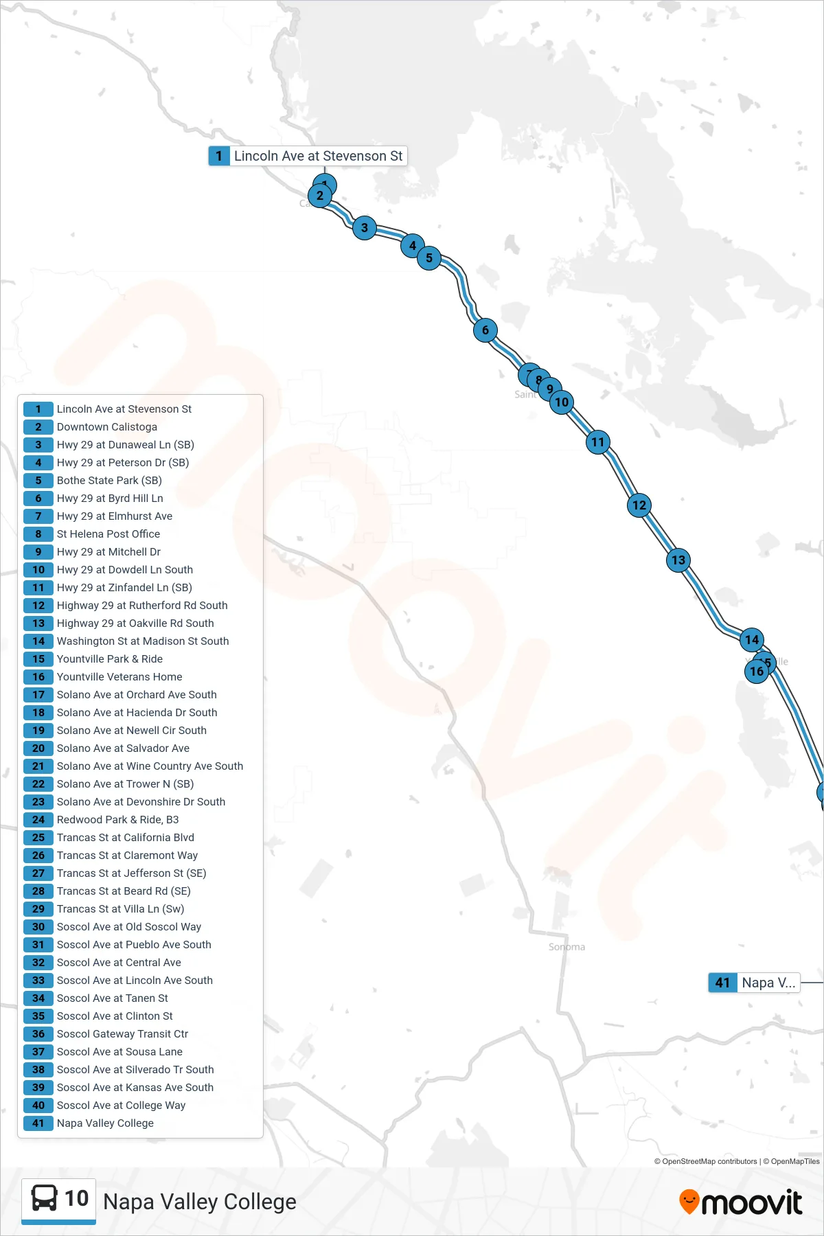 10 bus Line (Napa Valley College) route and stops on a map