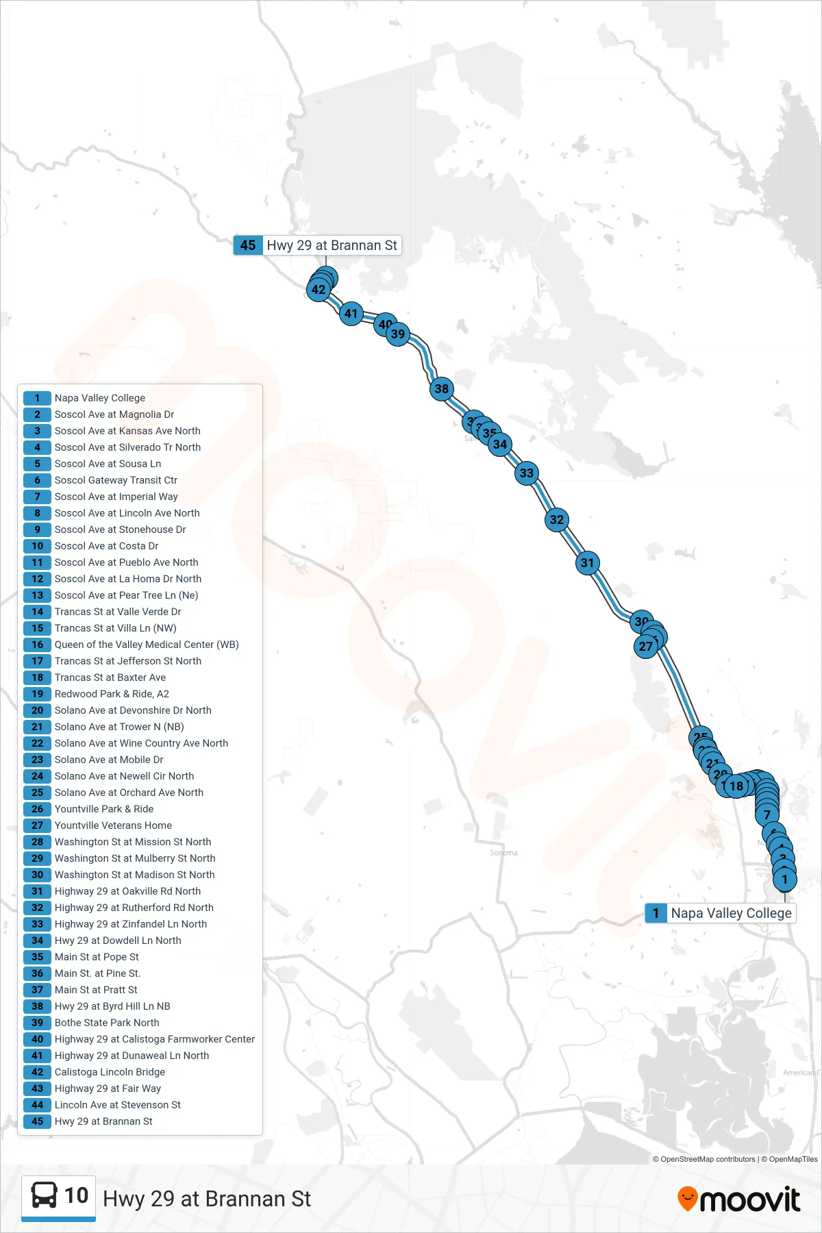 10 bus Line (Hwy 29 at Brannan St) route and stops on a map
