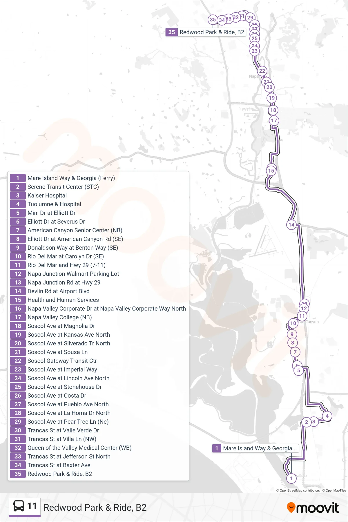 11 bus Line (Redwood Park & Ride, B2) route and stops on a map