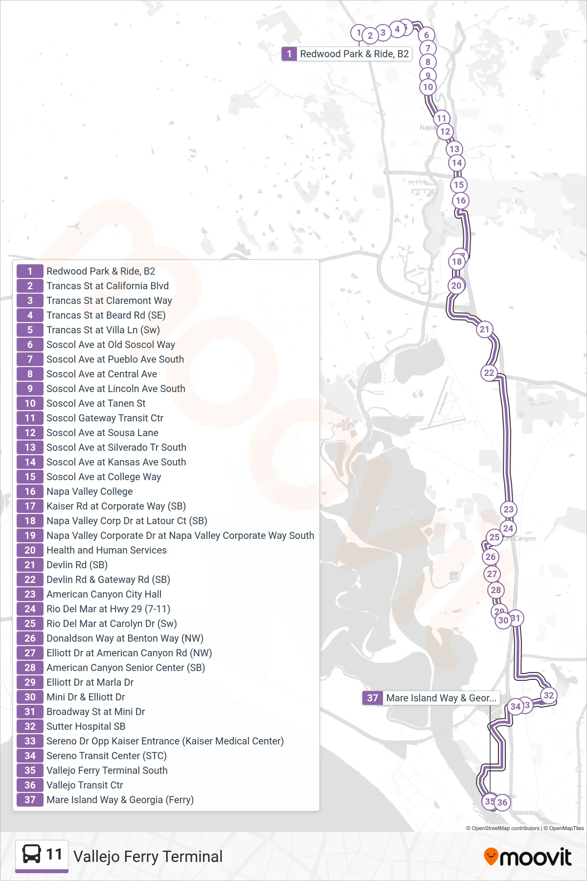 11 bus Line (Vallejo Ferry Terminal) route and stops on a map