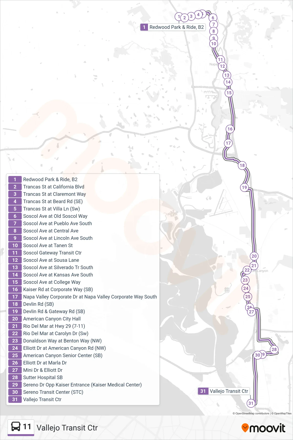 11 bus Line (Vallejo Transit Ctr) route and stops on a map