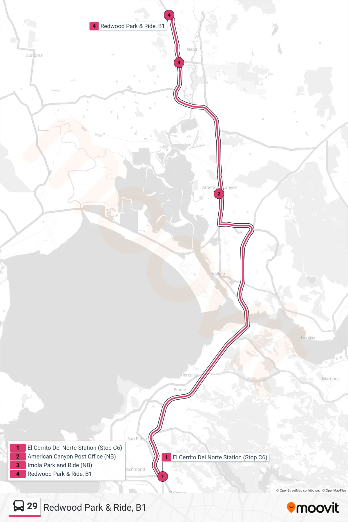 29 bus Line (Redwood Park & Ride, B1) route and stops on a map