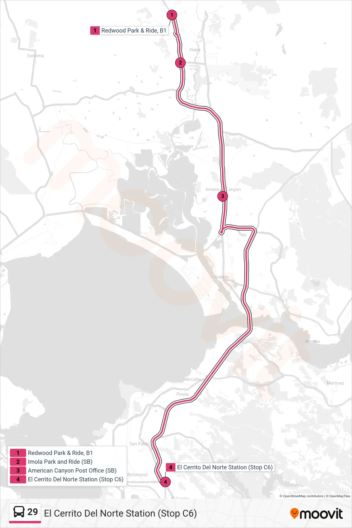 29 bus Line (El Cerrito Del Norte Station (Stop C6)) route and stops on a map