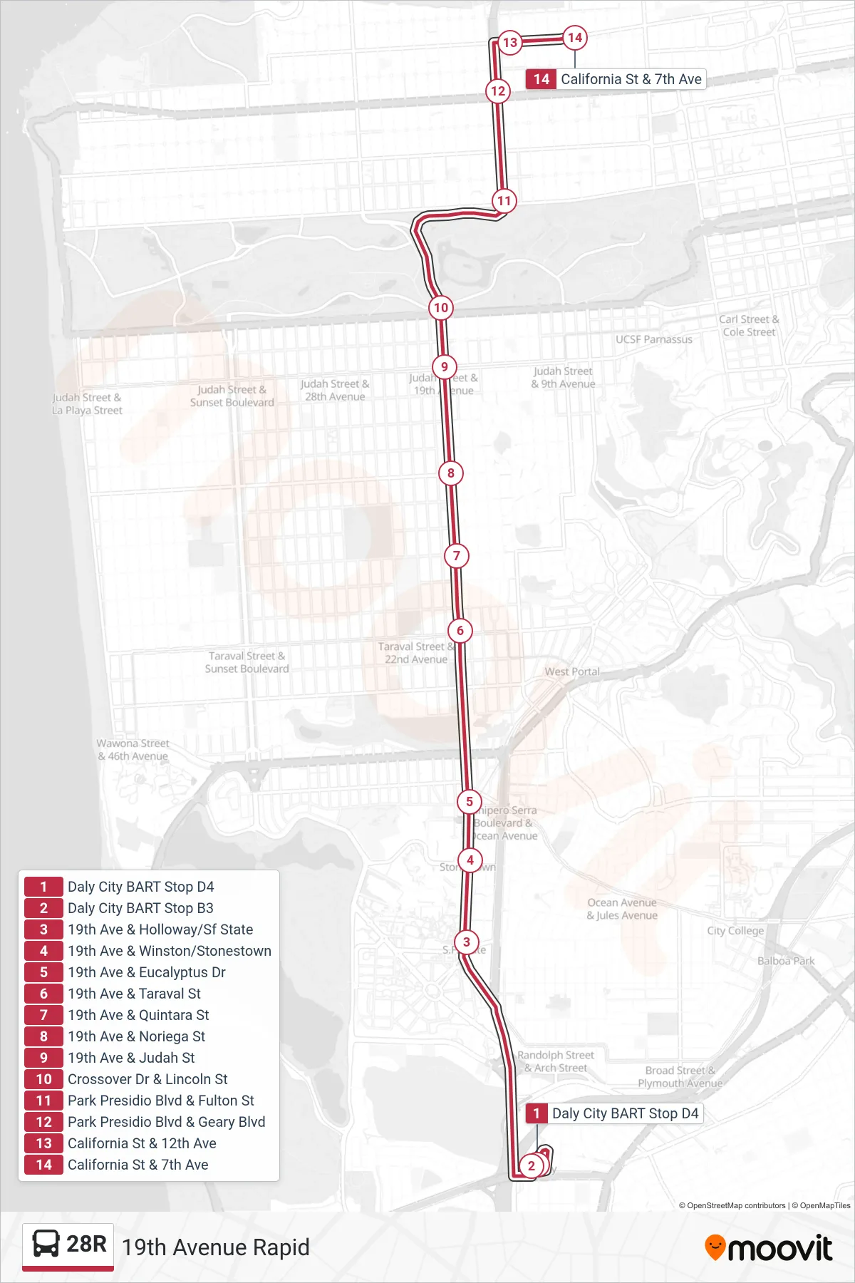 28R bus Line (California + Sixth Avenue) route and stops on a map