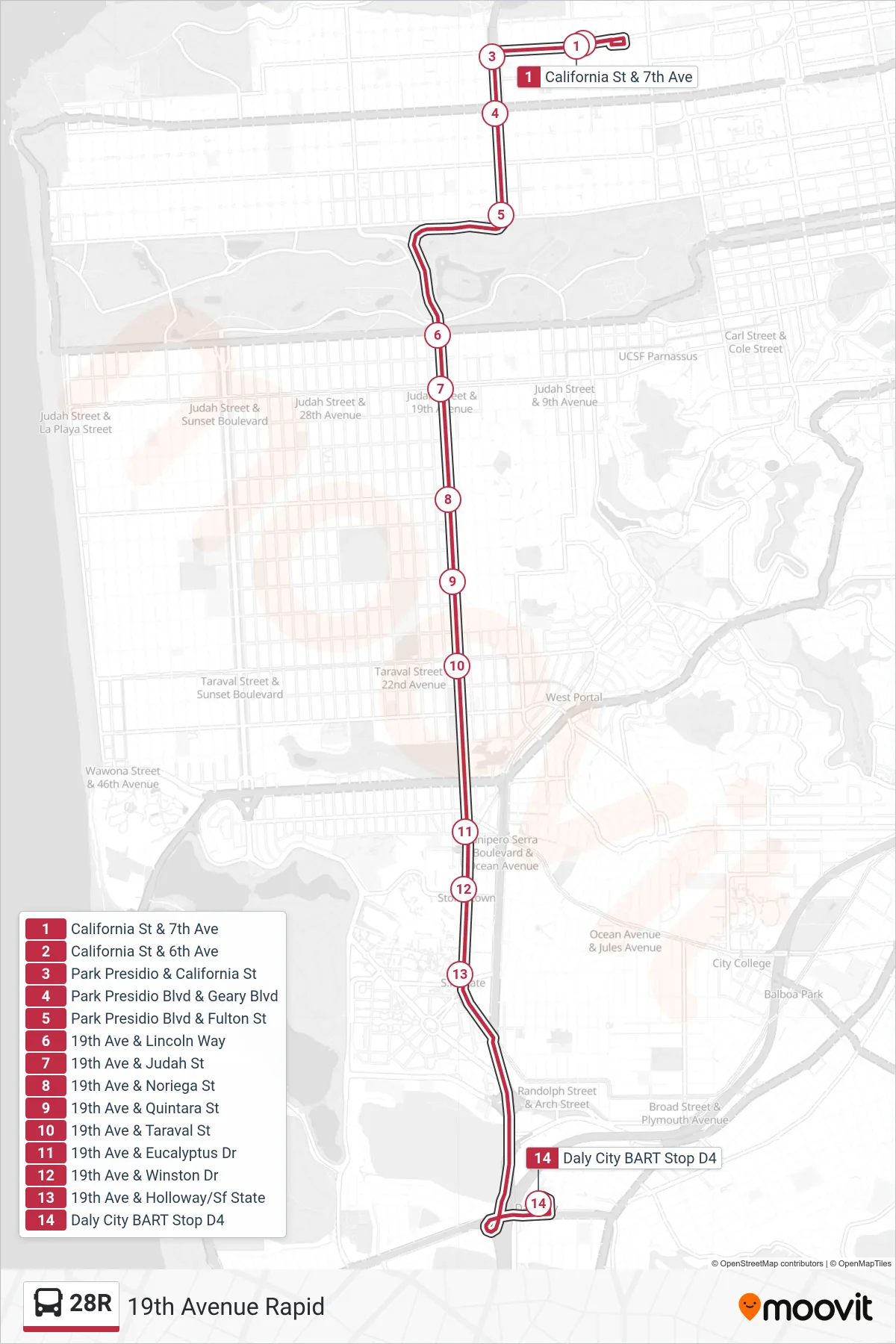 28R bus Line (Daly City BART) route and stops on a map