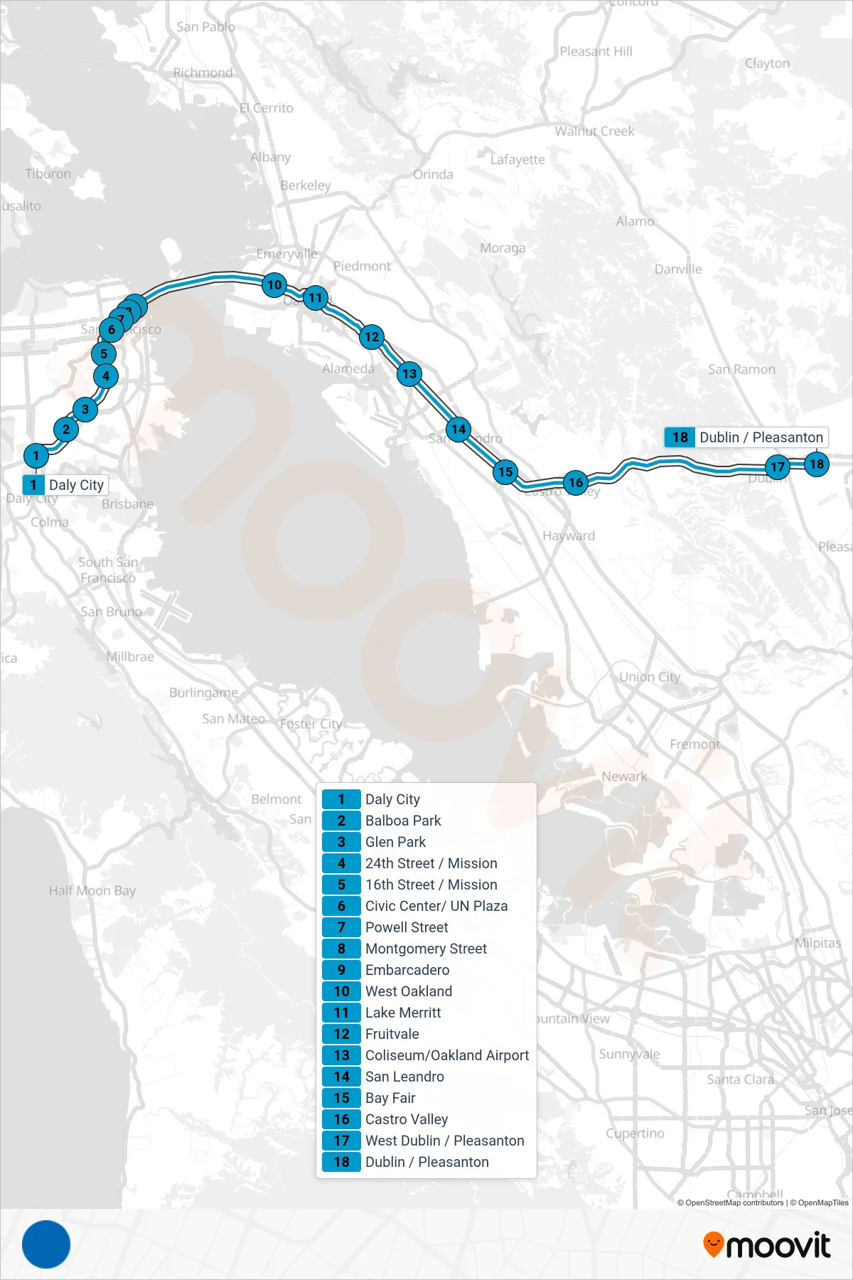 BLUE subway Line (Dublin) route and stops on a map