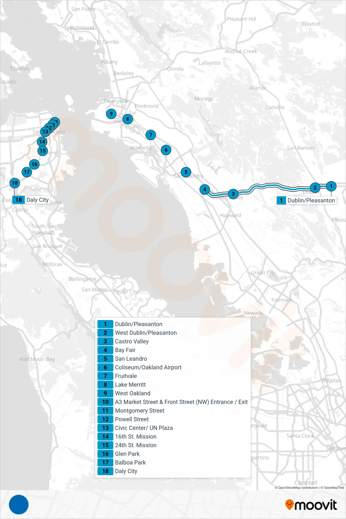 BLUE BART Line (Daly City) route and stops on a map