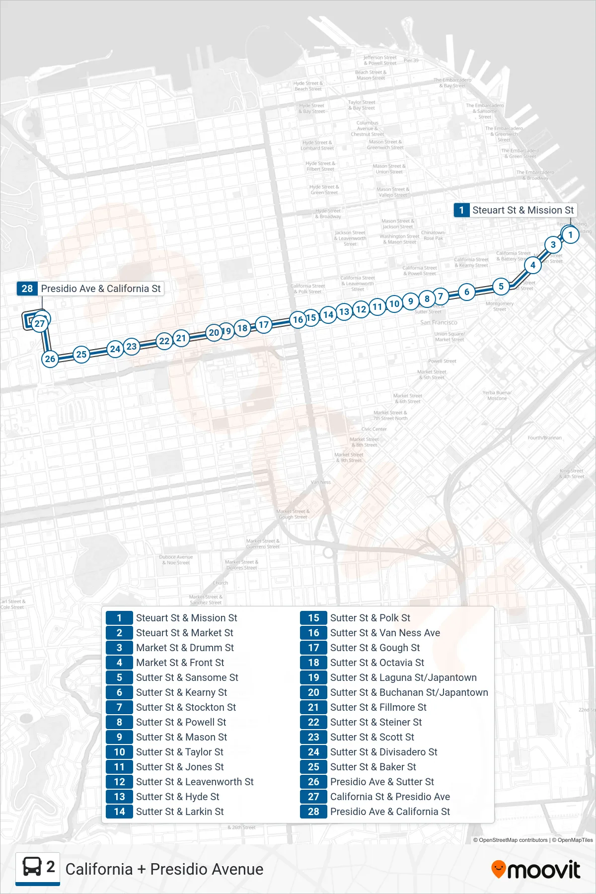 2 bus Line (California + Presidio Avenue) route and stops on a map