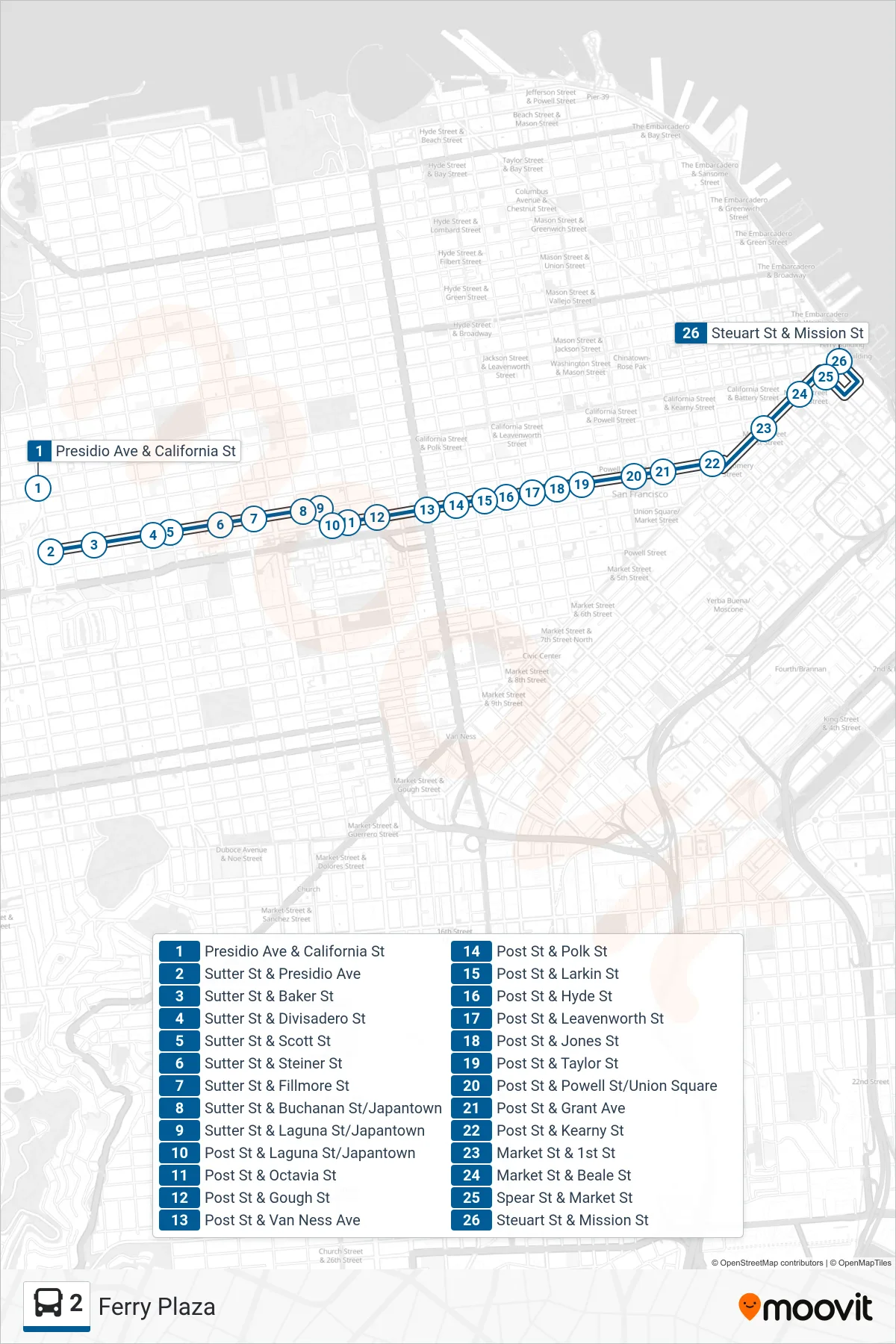 2 bus Line (Ferry Plaza) route and stops on a map