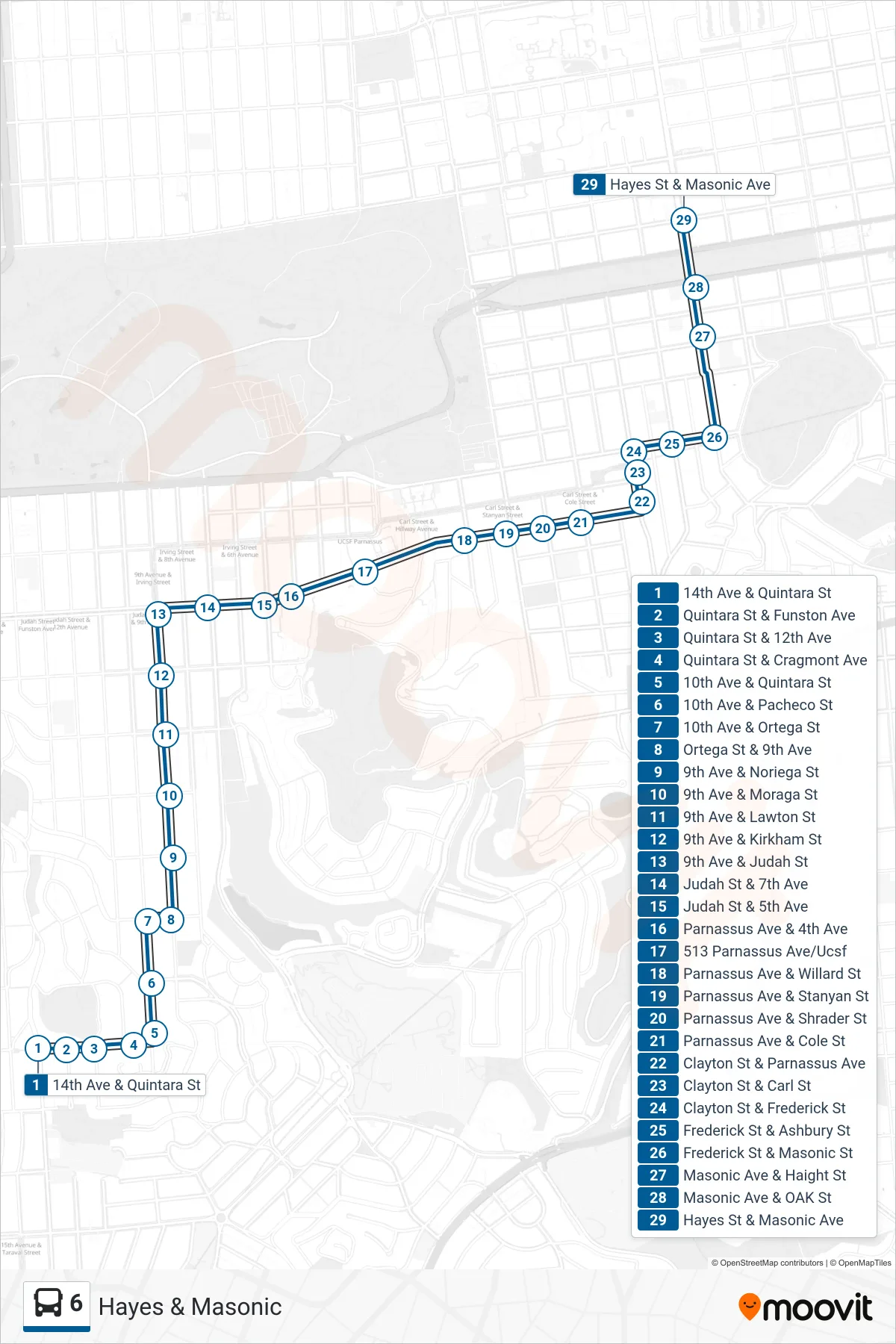 6 bus Line (Hayes & Masonic) route and stops on a map