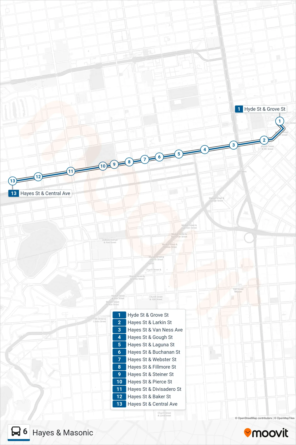 6 bus Line (Hayes & Masonic) route and stops on a map