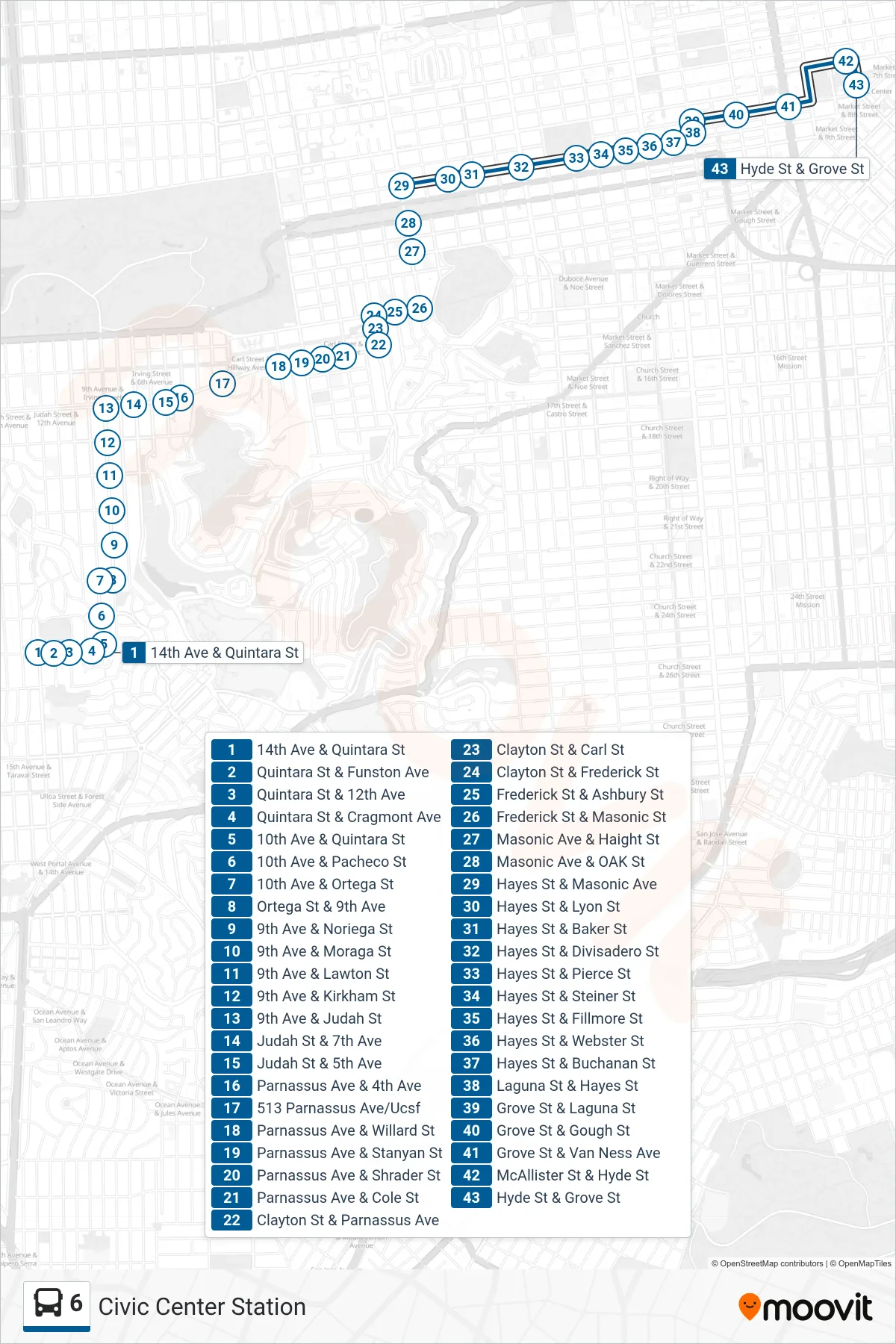 6 bus Line (Civic Center Station) route and stops on a map