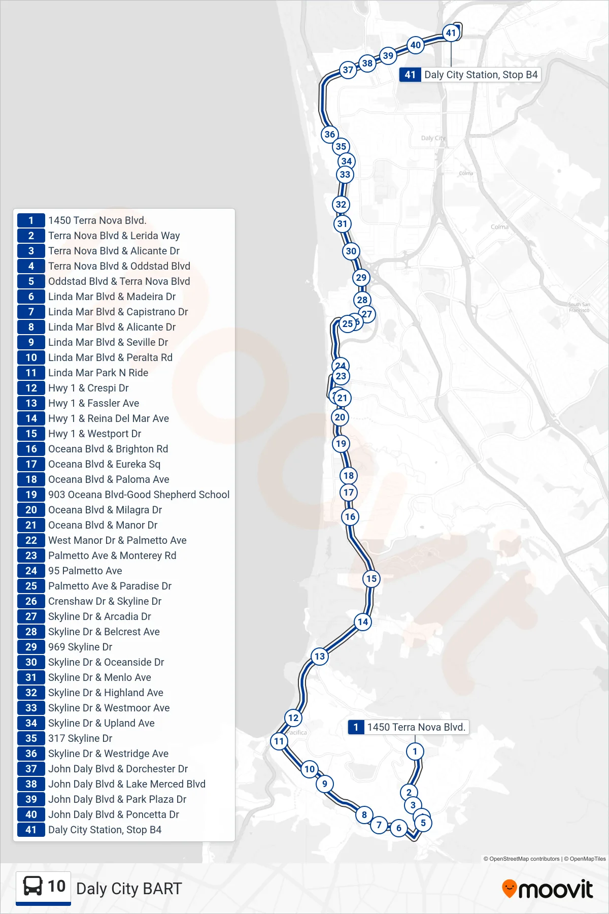 10 bus Line (Daly City BART) route and stops on a map